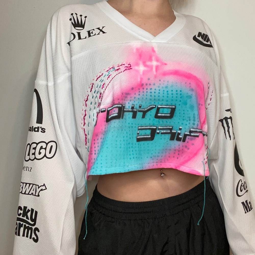 Custom airbrushed reworked Tokyo Drift oversized cropped jersey🩵